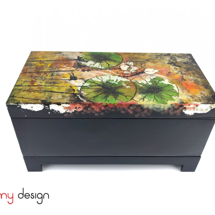 Rectangle lacquer box hand-painted with lotus included with stand 18x35 cm